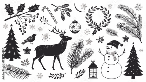 A dense Christmas-themed black silhouette set displayed on a white background, showcasing multiple reindeer poses, Santa riding a sleigh with flying reindeer