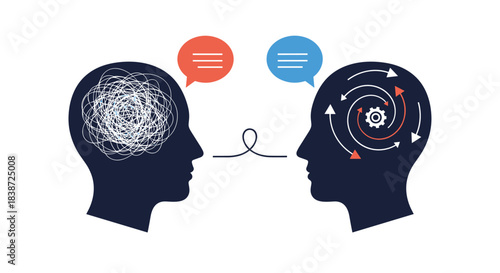 A conceptual illustration of therapy and communication, showing a tangled chaotic mind being unraveled into an orderly, structured thought process.