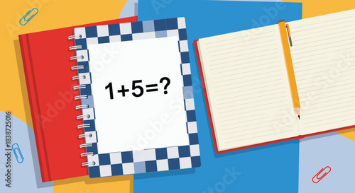 A simple math addition problem '1+5=?' written in a spiral notebook, placed on a colorful desk with another notebook and pencil.
