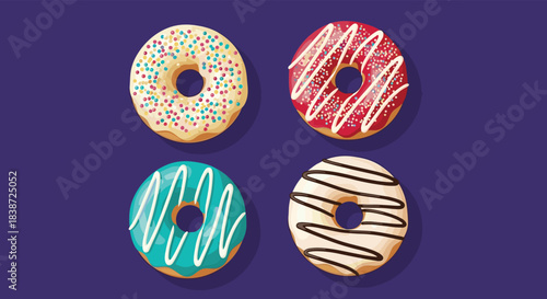 A top-down view of four delicious and colorful donuts with different toppings like sprinkles, pink icing, and chocolate on a purple background.