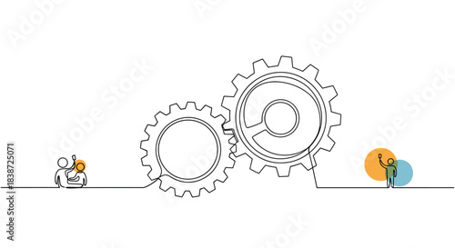 A continuous single line drawing of two large interlocking gears with tiny people interacting, representing teamwork, collaboration, and process.