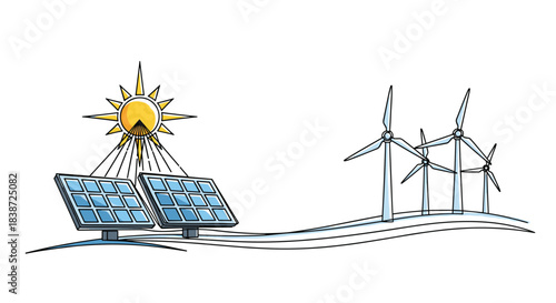 A hand-drawn illustration of renewable energy sources, with solar panels collecting sunlight and wind turbines generating clean, alternative power.