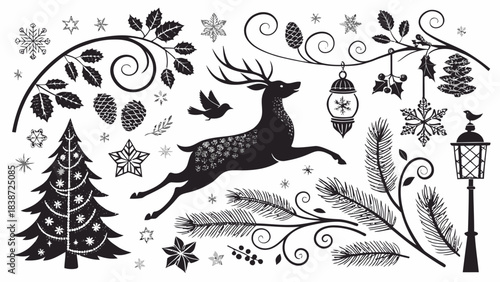 Elegant black Christmas vector silhouettes with reindeer poses, snowflakes, and Christmas ornaments