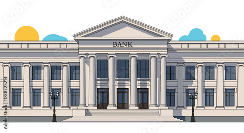 A detailed illustration of a classical-style bank building facade with large columns, a grand entrance, and the word BANK on the entablature.