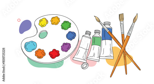 A colorful hand-drawn illustration of essential art supplies, including a paint palette, tubes of paint, and a set of artist's paintbrushes.