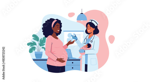 An African American pregnant woman talks to a female doctor or midwife who is holding a newborn baby in a friendly clinic setting.
