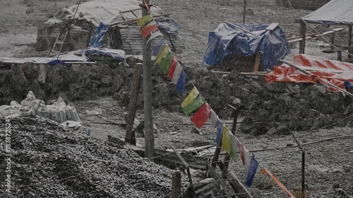 Footage of snowing in Kyanjin Gompa village in Nepal.