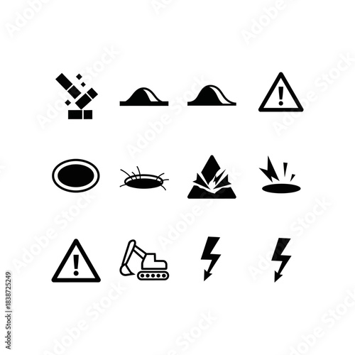 A collection of black-and-white safety and hazard icons, including falling objects, uneven ground, crushing, explosion, and electrical risks, alongside construction equipment.
