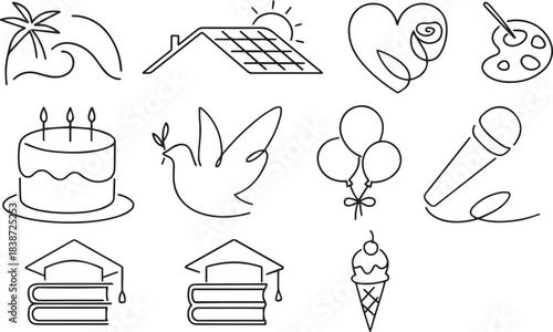 Line art icons: beach, solar panel, heart, graduation cap, paint palette, cake, dove, balloons, ice cream, microphone. Simple, minimalistic design blacka and vector art line art