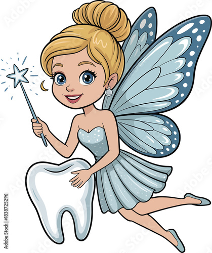Tooth Fairy Holding Tooth and Wand Smiling