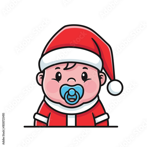 A cute cartoon baby wearing a Santa hat and suit with a blue pacifier, celebrating Christmas.