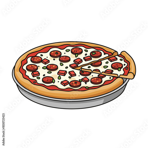 Chicago deep-dish pizza illustration, delicious toppings, appetizing scene, colorful vector art, copy space