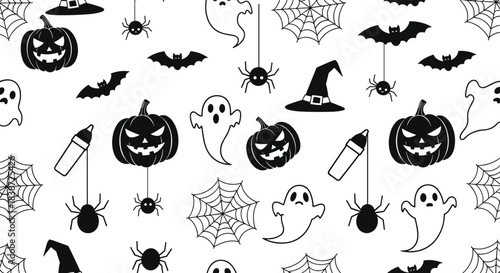 A spooky and cute black and white seamless pattern for Halloween, featuring ghosts, pumpkins, bats, spiders, and witch hats on a white background.