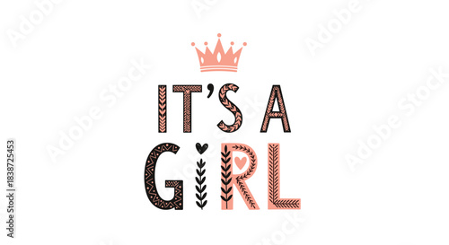 A cute 'It's a Girl' baby announcement text with a pink crown, featuring letters with decorative Scandinavian folk art patterns.