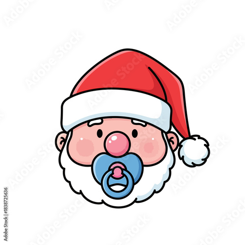 A cute cartoon baby Santa Claus head with a blue pacifier.
