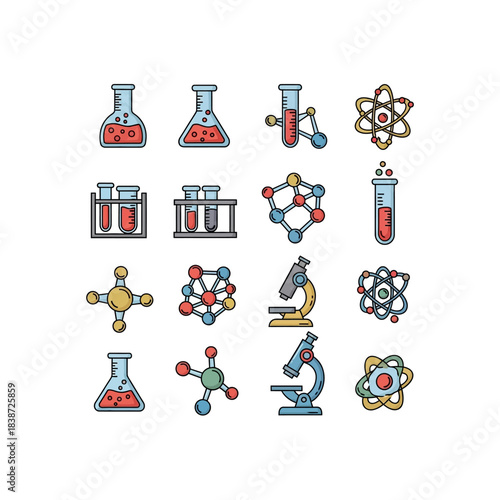 A vibrant collection of outlined scientific icons featuring laboratory glassware, complex molecular structures, and detailed microscopes, representing chemistry and research.