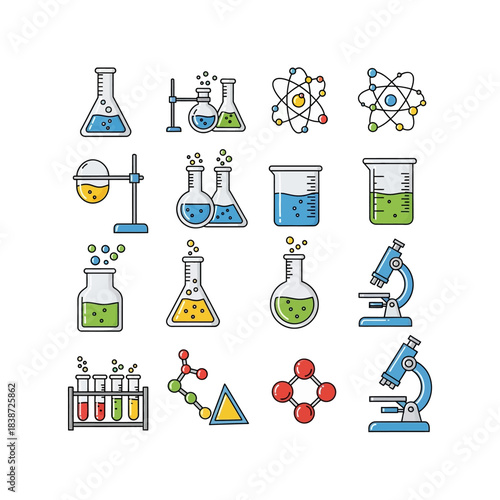 A vibrant collection of science and chemistry laboratory icons, featuring beakers, flasks, microscopes, atomic models, and molecular structures.