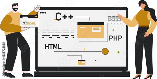 Programmer is explaining coding line, People group discuss code programmer developer.