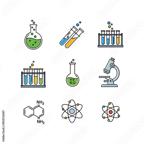 A collection of vibrant flat design icons depicting chemistry laboratory glassware, scientific instruments, and atomic structures.