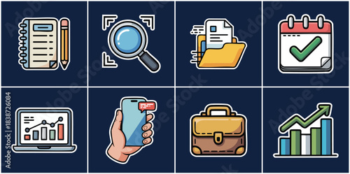 Professional business productivity icon pack showing laptop analytics calendar briefcase and document folders for corporate finance planning dashboard reporting and efficient workflow processes