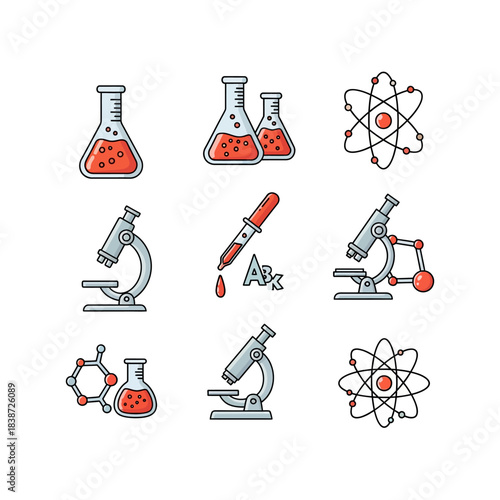 Colorful flat design icons representing various scientific concepts and laboratory equipment.