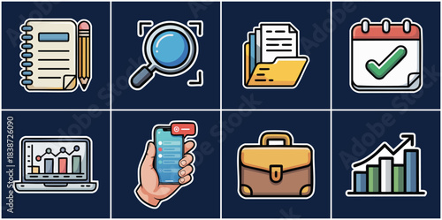 Corporate productivity icon collection with laptop data analytics calendar briefcase and document folders for finance management office workflow optimization and scalable business growth
