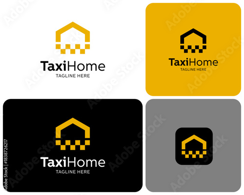 Taxi Home Checker Board Pattern House Cab Driver Transportation Vector Logo Design Illustration