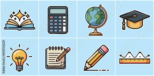 Academic Education and Learning Icon Set with Open Book, Calculator, Globe, Graduation Cap and Light Bulb for Knowledge, Science, School Study, Research, University and E-Learning Concepts