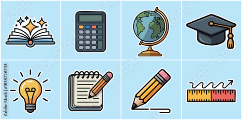 Modern Academic Education and Study Icon Collection Featuring Book, Calculator, Earth Globe, Graduate Cap and Idea Light for Knowledge, Science Projects, School Research, Learning and University Use