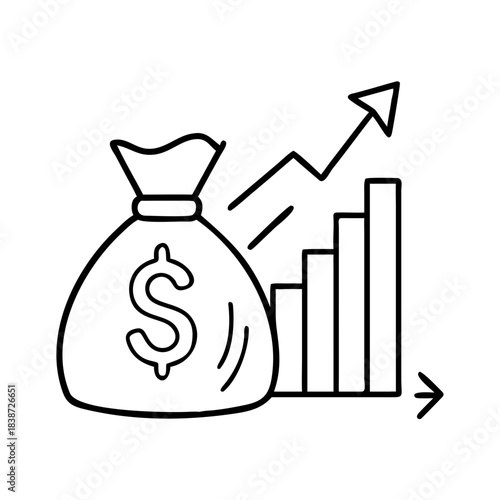 Continuous one line drawing of a money bag and an upward trending bar chart with an arrow symbolizing growth vector