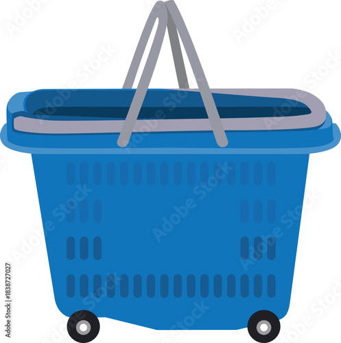 A blue plastic shopping basket with wheels