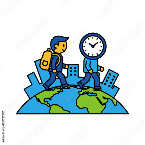 Travelers walking on globe with city buildings