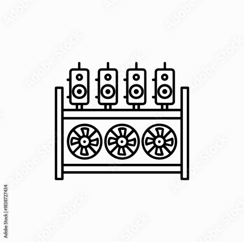 Crypto Mining Rig Outline – Vector Line Icon of Blockchain Technology Equipment