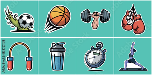Athletic Fitness and Competitive Sports Icon Set with Soccer Ball, Basketball, Dumbbell, Boxing Glove and Stopwatch for Gym Training, Workout Routines and Healthy Active Lifestyle