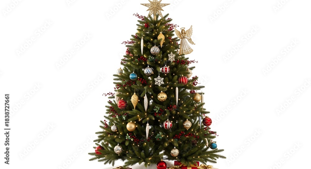 Fototapeta premium Fully Decorated Christmas Tree with Lights and Ornaments Isolated Festive Holiday Display