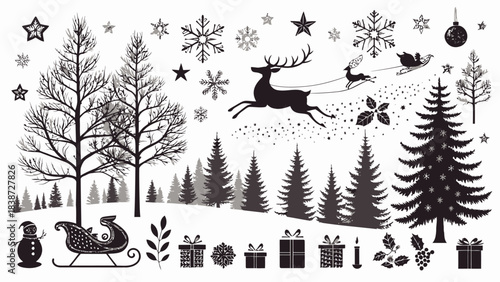 Black silhouette illustration pack with mixed Christmas designs — Santa hat, gifts, snowman, pine cones, and mistletoe.