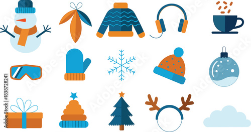 Winter Vector Set. Snowman, Sweater, Mittens, Snowflake, Christmas Tree, Gifts, Winter Accessories & Festive Icons