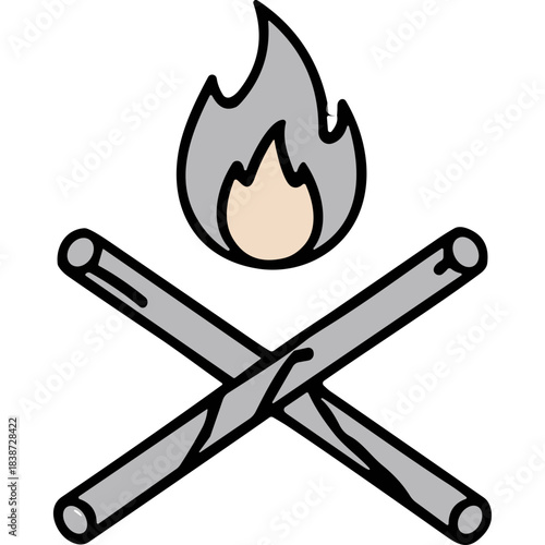 Simple Illustration of Crossed Sticks with a Flame Above on a Black Background symbolizing Campfire or Fire Starting
