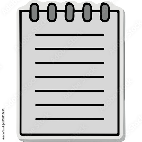 Simple lined notepad icon with a gray border and a spiral binding at the top on a black background illustrating a blank page for notes and writing
