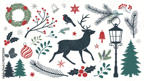 A decorative black silhouette pack of Christmas elements such as Santa riding his sleigh, reindeer jumping, snowflakes falling, Christmas trees, ornaments, and stars beautifully composed on a white ba