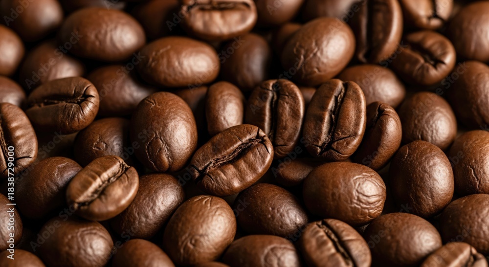 Fototapeta premium Close-up view of rich brown roasted coffee beans, perfect for a morning brew or an energizing start to the day, showcasing their natural texture and inviting aroma.