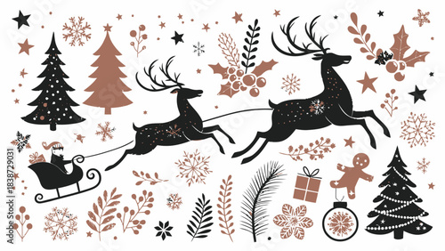 Detailed vector silhouettes of Christmas elements — Santa sleigh, reindeer, gifts, snowflakes, pine tree, and mistletoe.