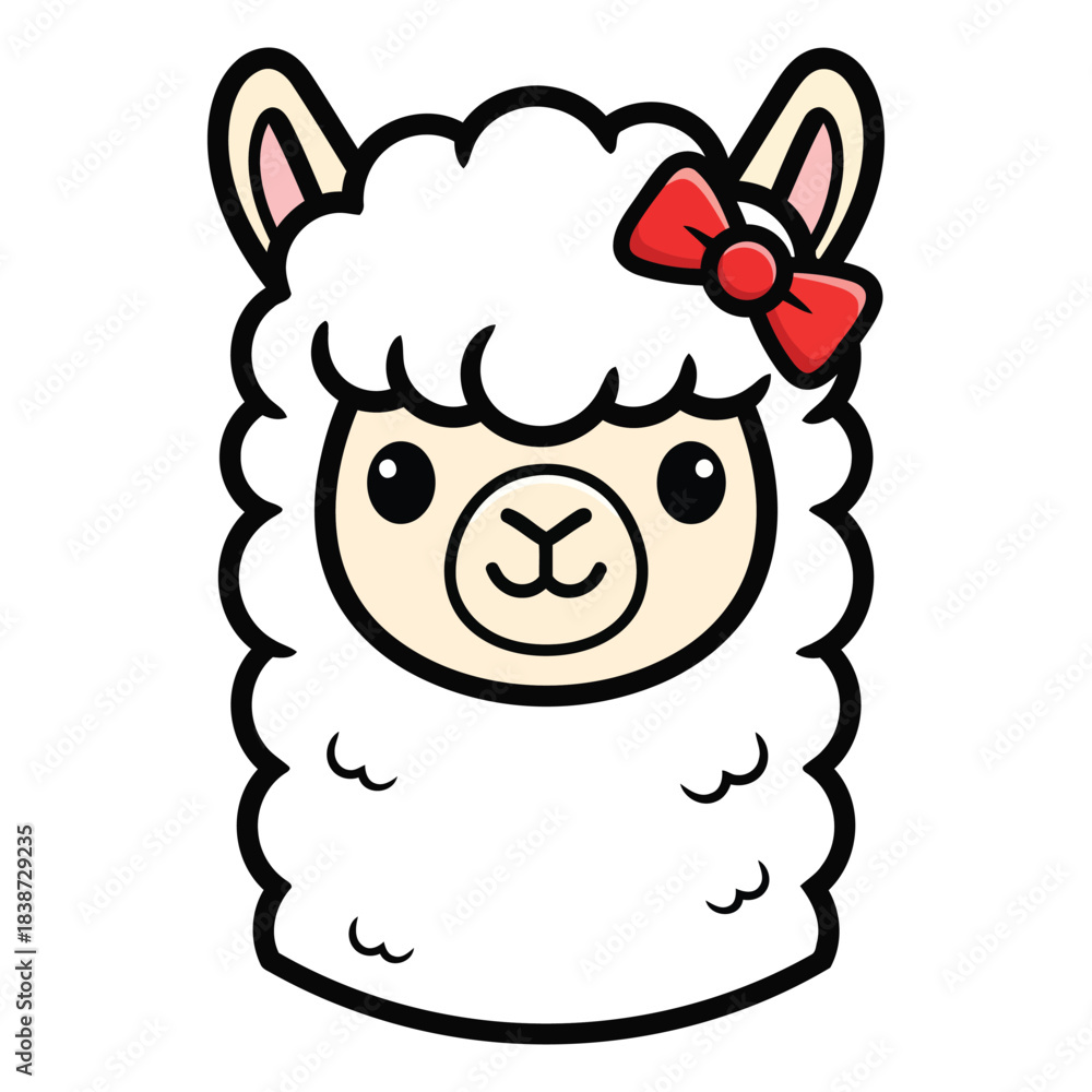 Fototapeta premium Cute Cartoon Llama Head Wearing a Red Bow Vector Illustration