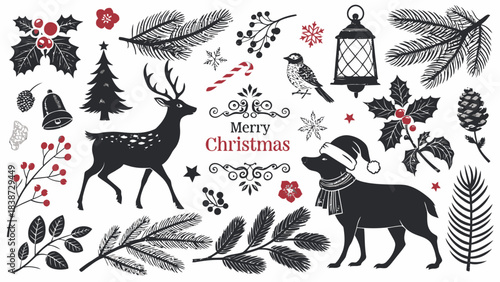 A highly detailed silhouette set featuring classic Christmas icons in black against a white background, including galloping reindeer, Santa in silhouette, star-decorated ornaments, wreaths with intric
