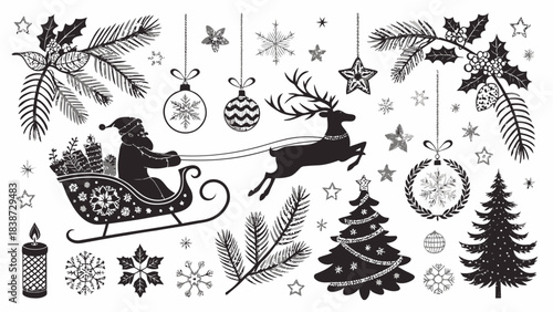 A dense Christmas-themed black silhouette set displayed on a white background, showcasing multiple reindeer poses, Santa riding a sleigh with flying reindeer, intricate snowflake shapes, candy canes, 
