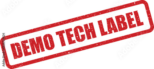 Red rectangular grunge stamp with speckled texture displaying the words Demo Tech Label clearly