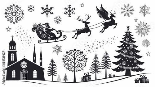A dense Christmas-themed black silhouette set displayed on a white background, showcasing multiple reindeer poses, Santa riding a sleigh with flying reindeer, intricate snowflake shapes, candy canes, 