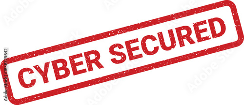 Red rectangular grunge stamp with textured effect displaying the clear message cyber secured for digital assurance