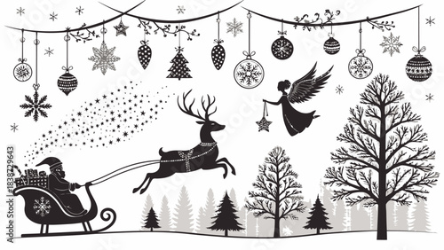 A dense Christmas-themed black silhouette set displayed on a white background, showcasing multiple reindeer poses, Santa riding a sleigh with flying reindeer, intricate snowflake shapes, candy canes, 