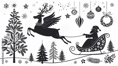 A dense Christmas-themed black silhouette set displayed on a white background, showcasing multiple reindeer poses, Santa riding a sleigh with flying reindeer, intricate snowflake shapes, candy canes, 